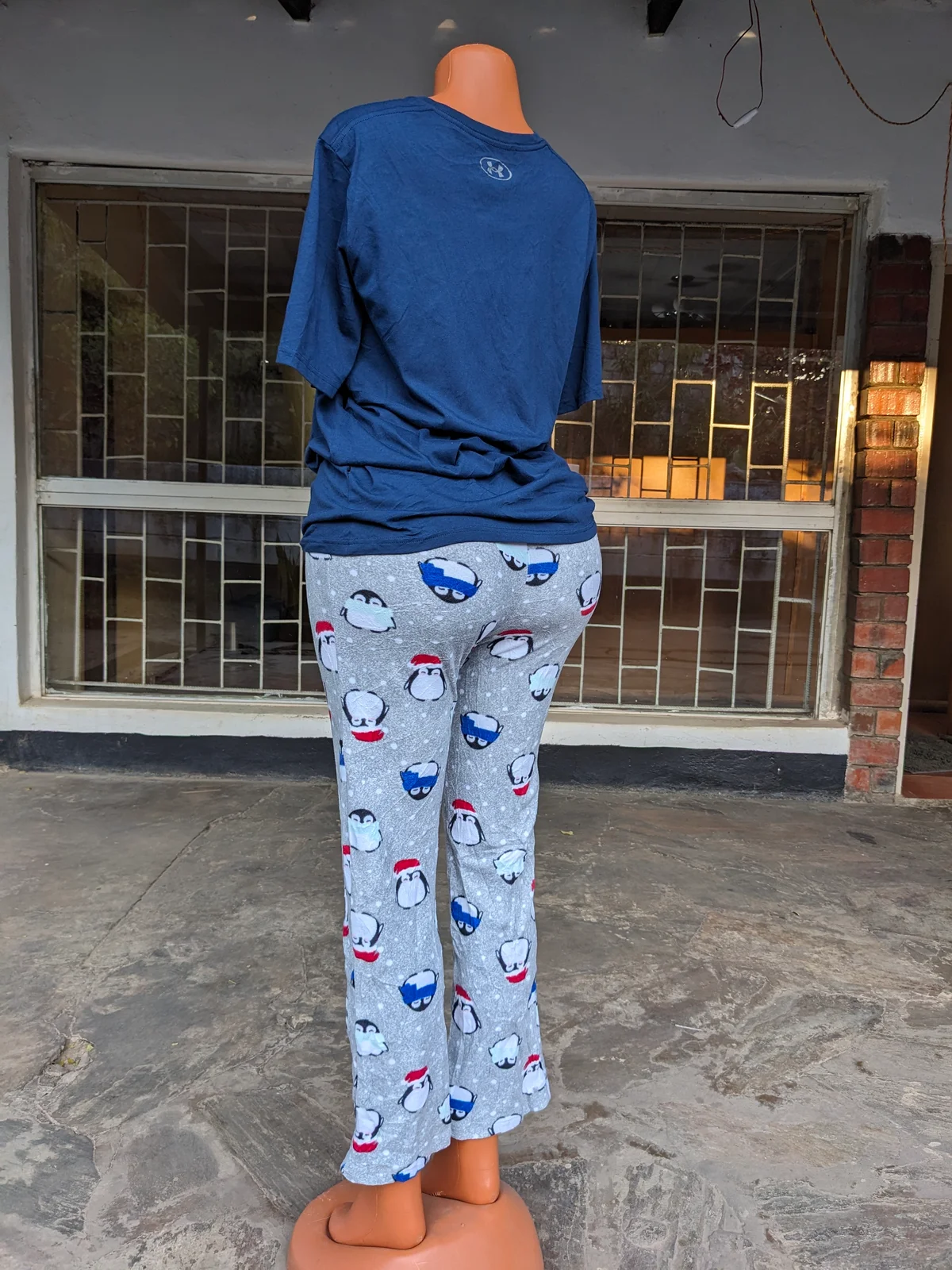 A cozy pajama set with penguin prints, featuring a blue top and gray pants.